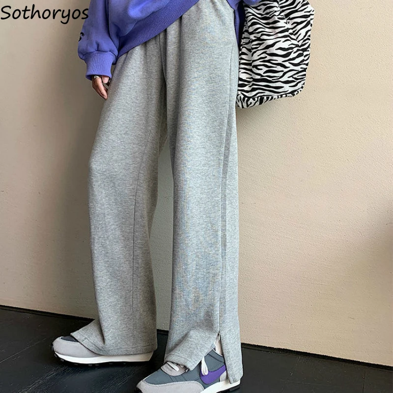 

Женские повседневные Бархатные брюки с широкими штанинами и Боковым Разрезом, однотонные простые мешковатые универсальные брюки в Корейск...