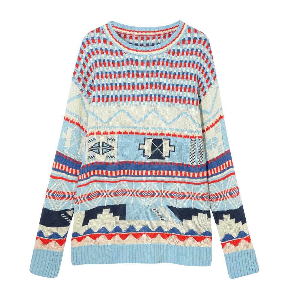 Женский трикотажный свитер в полоску с длинным рукавом и круглым вырезом