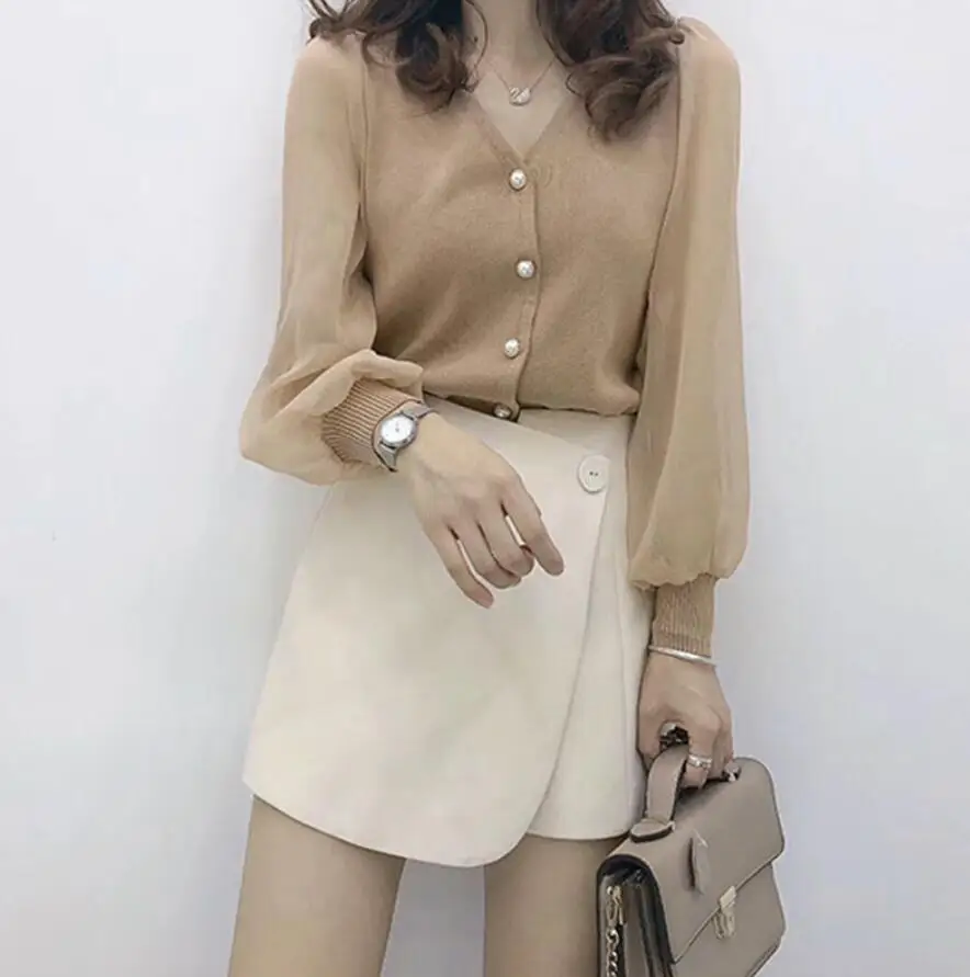

Women 2021 Spring New Long Sleeve Button Chiffon Blouses Female Fashion V-neck Solid Color Shirts Ladies Loose Casual Tops X57