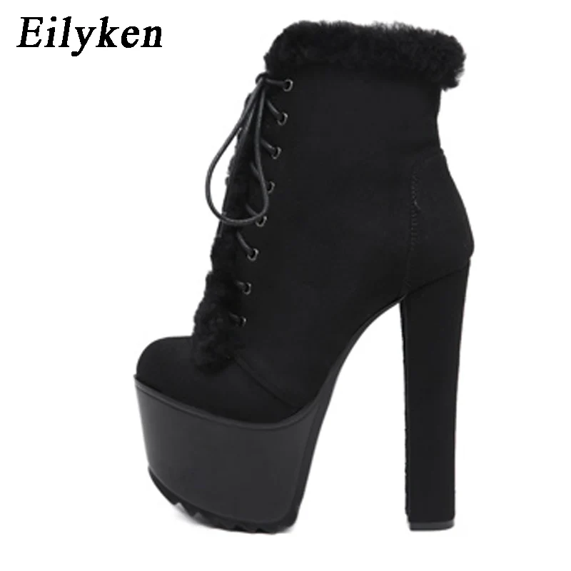 Black Eilyken; модные ботинки в байкерском стиле с искусственным мехом; женская повседневная обувь на платформе и каблуке; обувь со шнуровкой и круглым носком; женские осенние ботинки черного цвета - Цвет: Black