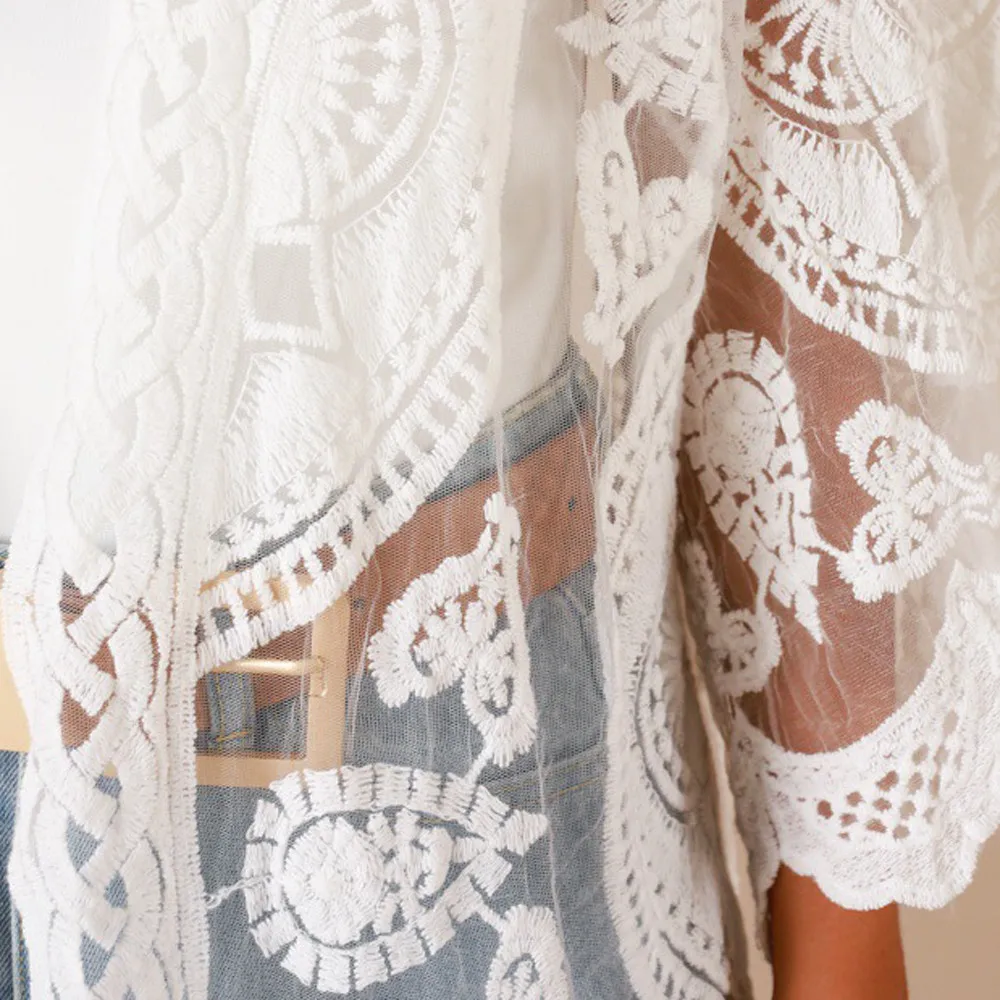 

2021 New Women Lace Sheer Beach Dress Bikini Cover-ups Casual Loose Cardigan Long Dress Kimono White Summer Swimwear Cover Up
