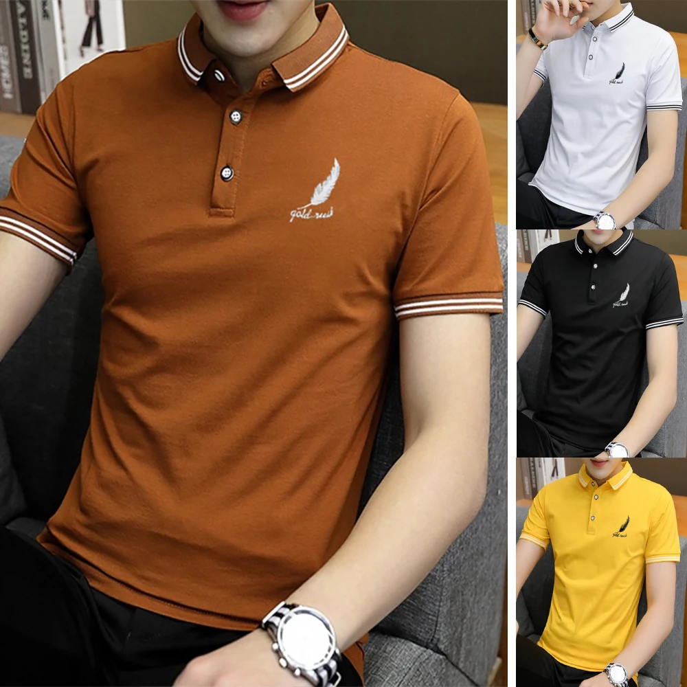 

Feather Printed T Shirts Short Sleeve Korean Style Men Casual Lapel Collar Fitness Tees