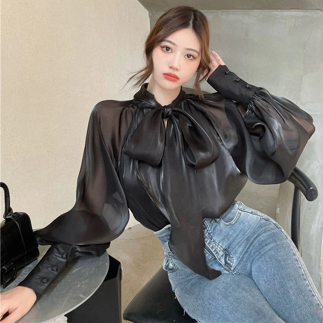 

Chic design shirt top loose shirt lantern Sleeve womans tops long sleeve shirt women Bow Silk Solid Casual Full