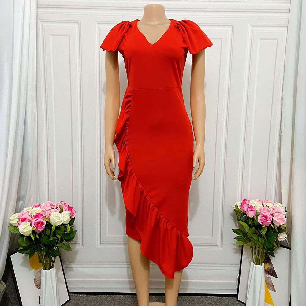 

Summer 2021 African Sexy Plus Size Dress Women Party Fashion V Neck Solid Pink Red Simple Ruffle Bodycon Dresses Oversized 3XL