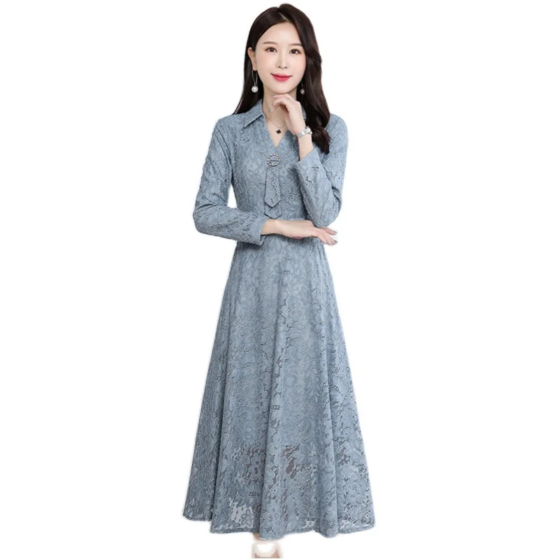 

COIGARSAM 3XL Plus Size Full Sleeve Women dress New Spring Lace High Waist Dresses Pink Blue Black Apricot 3011