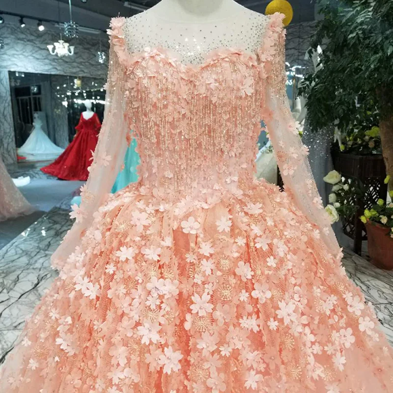 Розовые платья для девочек LSS197 с длинным тюлевым рукавом и круглым вырезом в пол