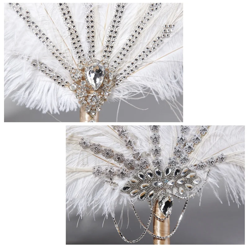 

Vintage Bridal Feather Bouquet Decorative Fan Crystal Bridesmaid 20s Gatsby Wedding Bouquet Flapper Accessories