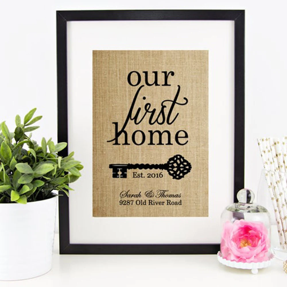 Our First Home Burlap Print Personalized Address Sign New Home Housewarming Gift House Warming Gifts New Homeowner Gift
