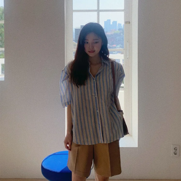 

Women Shirt 2021 Summer Korean Chic Sweet Fresh Blue Striped Lapel Single-Breasted Loose Casual Puff Sleeve Blouses