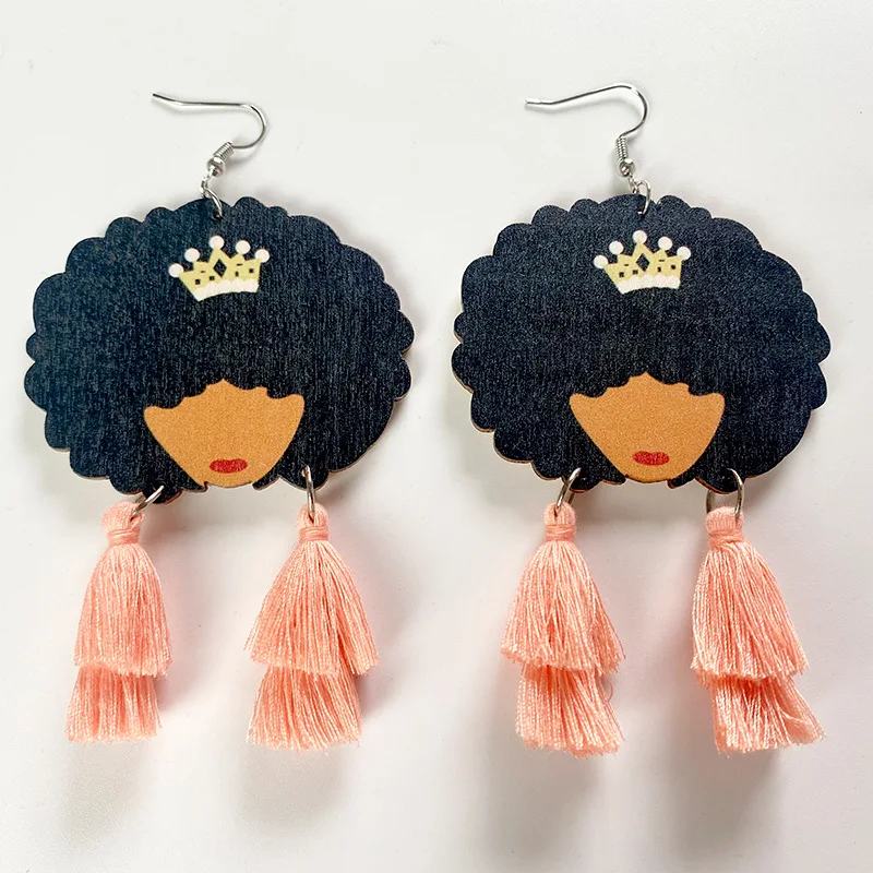 

Creative Wooden Queen Face Crown Hanging Pendant Earrings for Women Ladies Colorful Cotton Thread Tassel Earrings Accessories