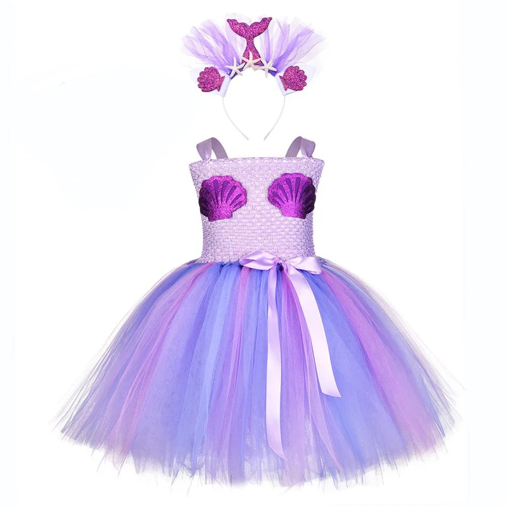 Mermaid Dress 3 Милые свадебные платья русалки для девочек, рождественское платье с рисунком ракушек детская юбка-пачка в стиле Русалочки, платье принцессы Ариэль комплект с повязкой на голову с блестками - Цвет: Mermaid Dress 3
