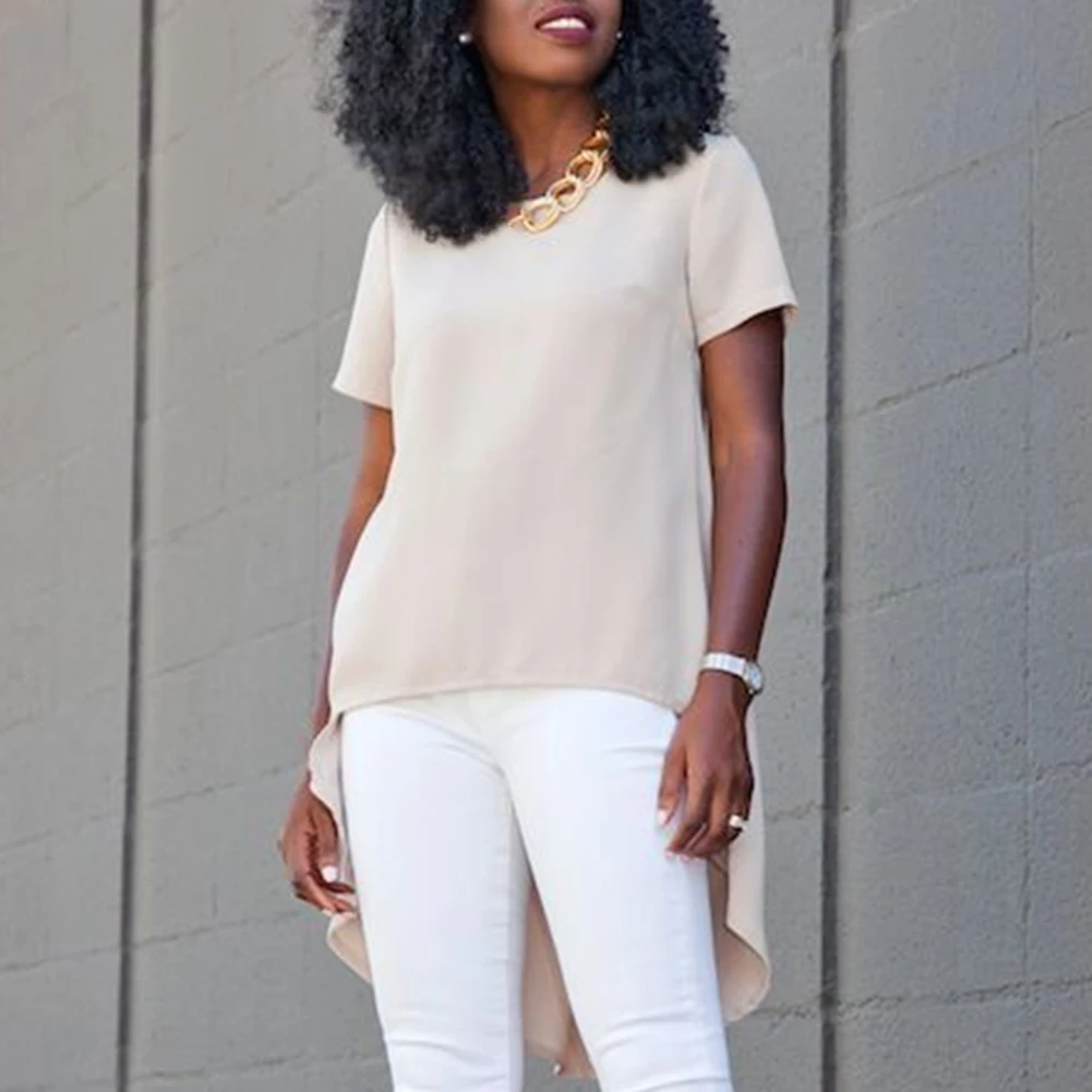 Повседневная Женская однотонная шифоновая одежда с коротким рукавом и круглым