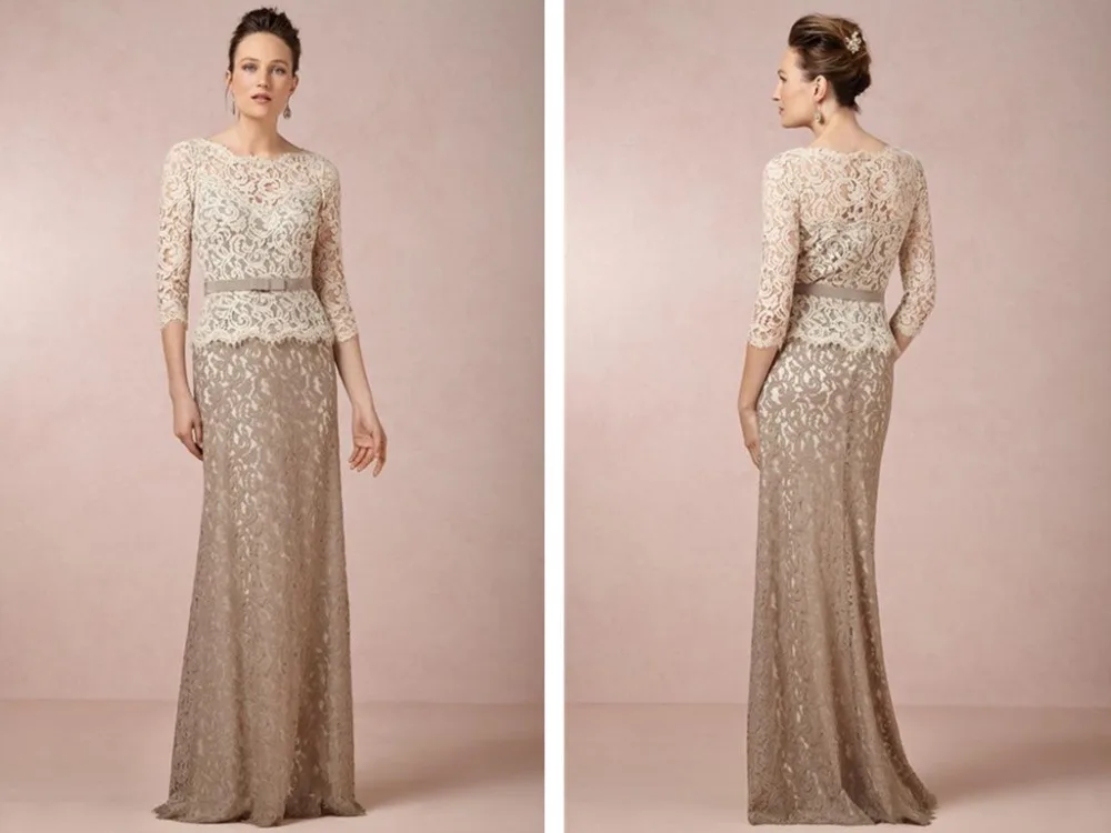 

three-length Sleeves Long Lace Mother Of the Bride Dresses 2015 Robe De Soiree bow sashes floor-length Vestido De Madrinha