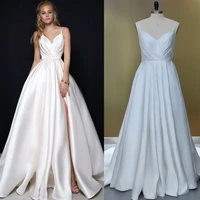 simple elegant wedding dress sweetheart neckline high side split satin bridal gowns sexy spagetti straps brides dress