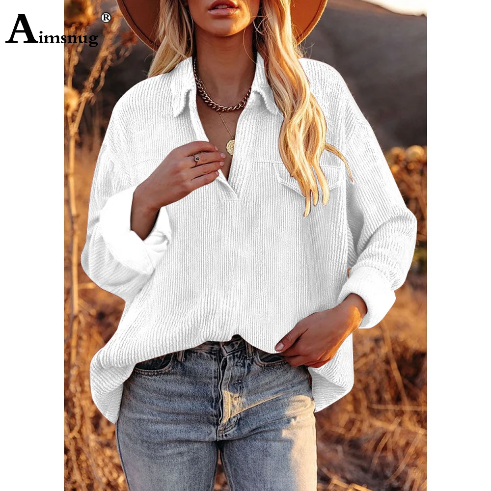 Long-sleeve Women Fashion Corduroy Shirt Plus Size Frauen Blouse Lepal Collar Pullovers Vintage Splice Women's Top Clothing 2021