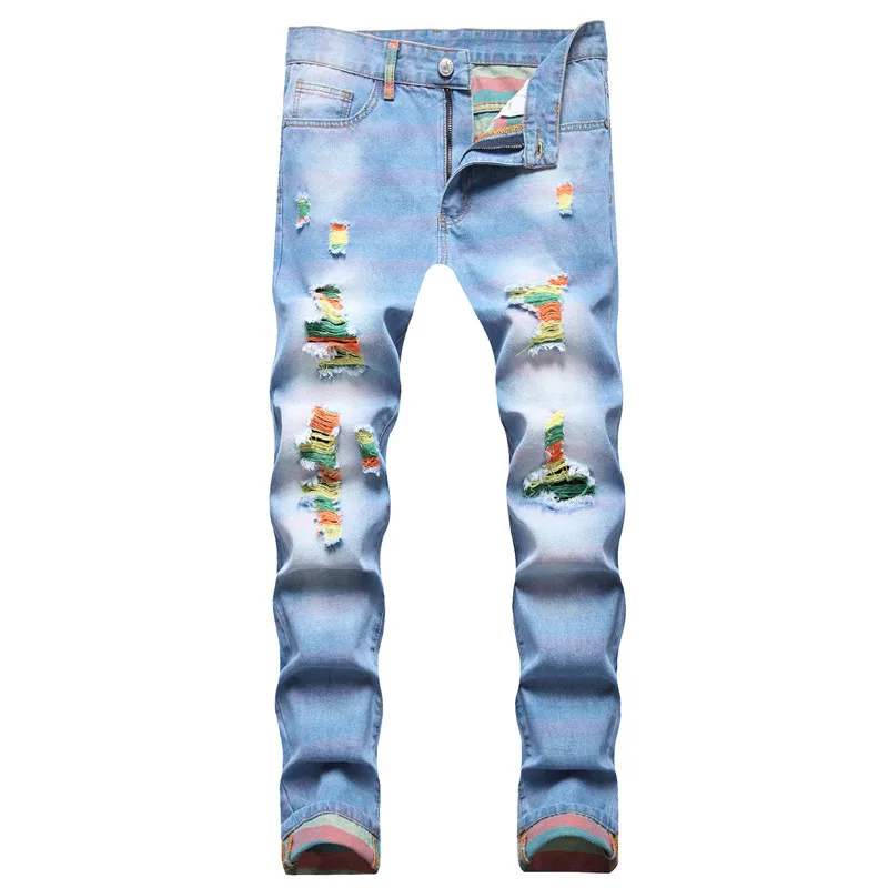 

2021 осень весна мужские скейтборд уличная хип хоп панк отверстие мото велосипед джинсы Рваные узкие прямые джинсовые брюки