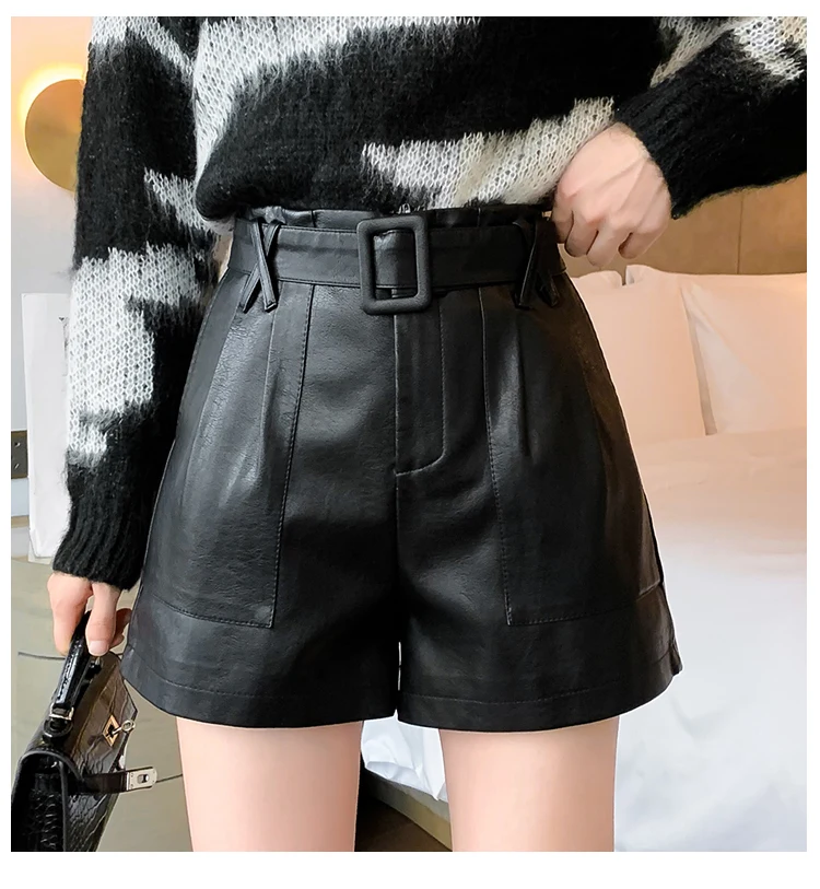 

Lauri Laki Wide Leg A-line Shorts Women Retro Loose Vintage Pu Leather High Waist Shorts with Belt Plus Size Autumn Winter 2020