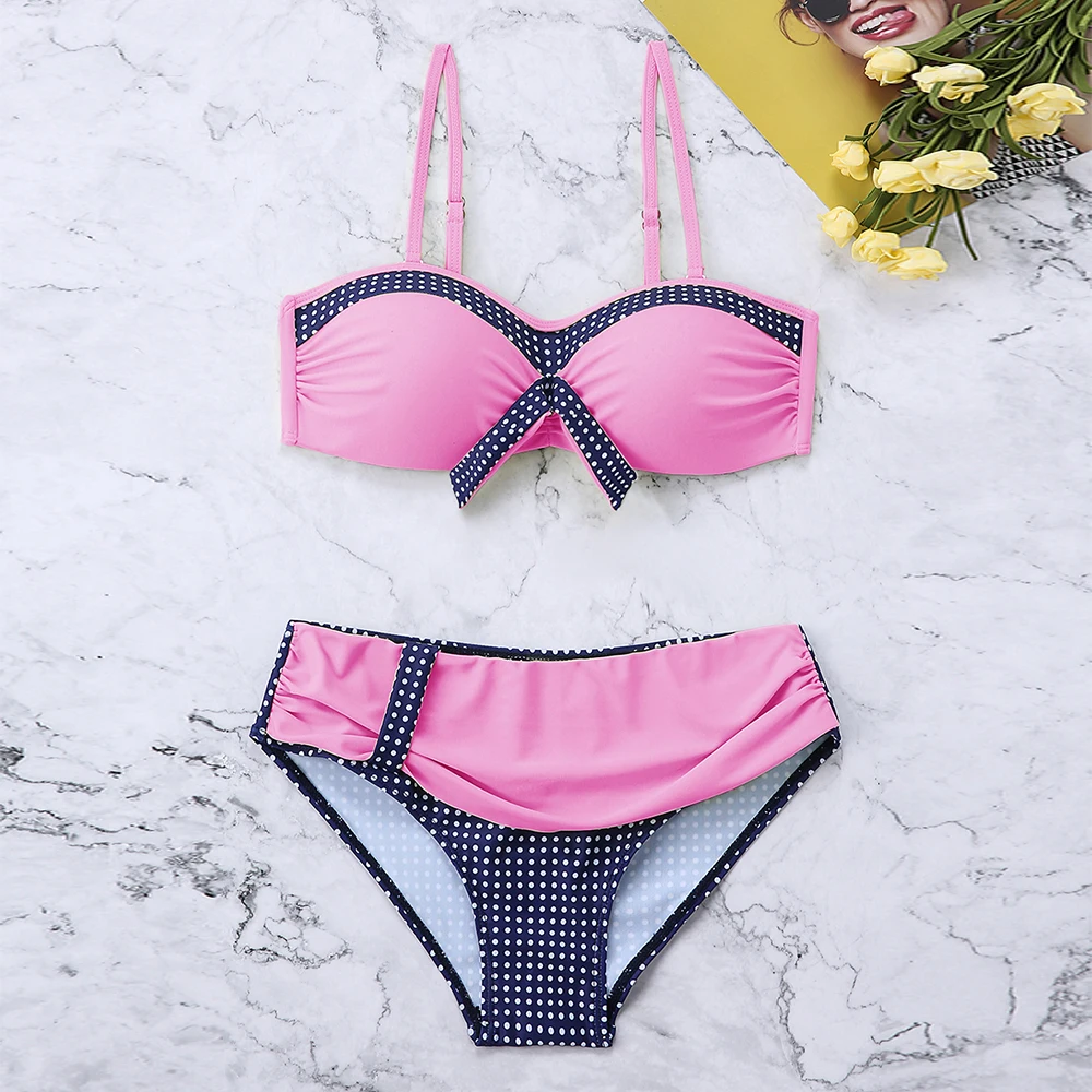 Женский купальник в горошек с бантом спереди | Женская одежда