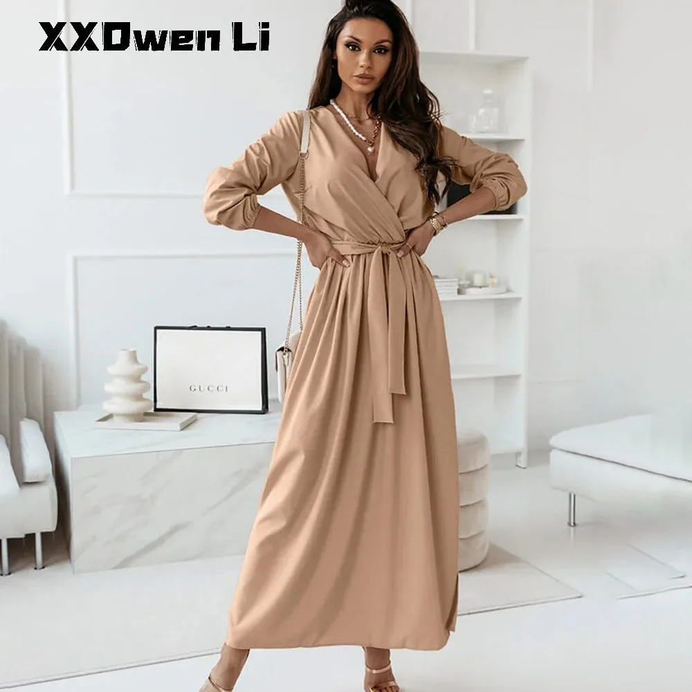 

Осеннее женское повседневное Однотонное Платье макси с поясом 2021 элегантные сексуальные длинные платья с V-образным вырезом и длинным рука...