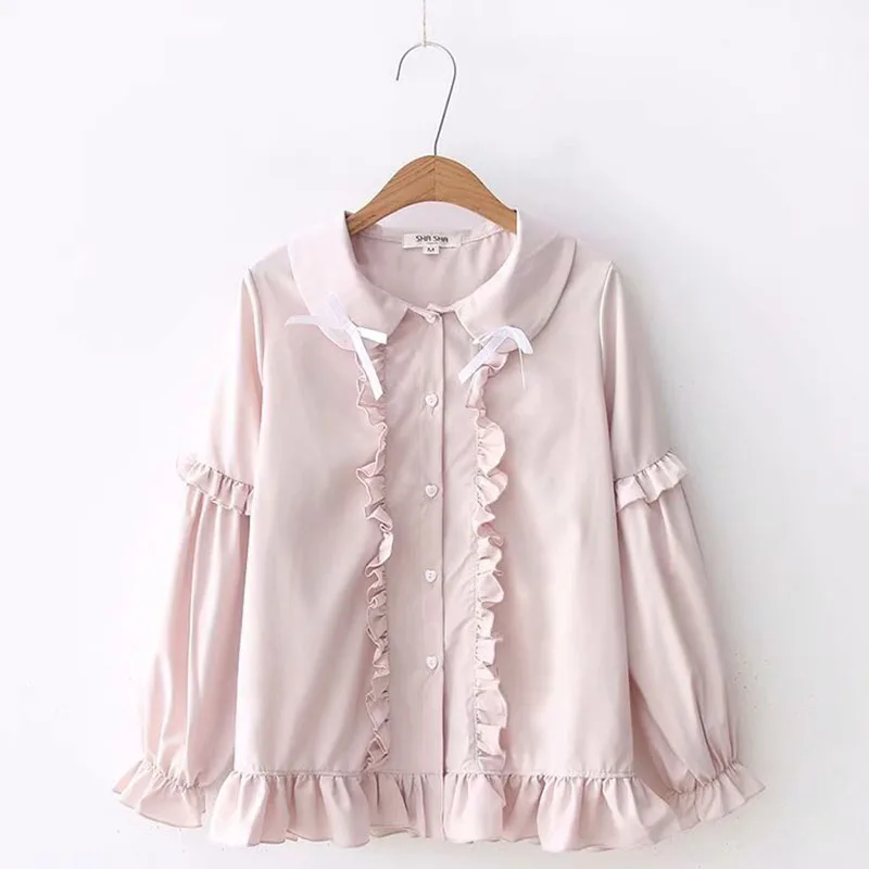 

Lolita Blouse Japanese Kawaii Peter Pan Collar Bowknot Sweet Shirt Puff Sleeve College style Mori Girl Loose Women Blouse Tops
