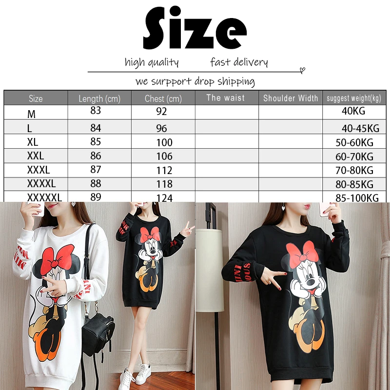New Disney Minnie Mouse Long Sleeve Dress Cartoon Print Womenswear Plus Size Femme Robes Casual Loose Women Short Vestidos | Женская