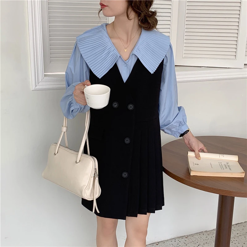 

WKFYY Elegant Folds Peter Pan Collar Puff Sleeve Single Breasted Shirt Loose Asymmetrical Knee Length Pleated Vest Dress D4129