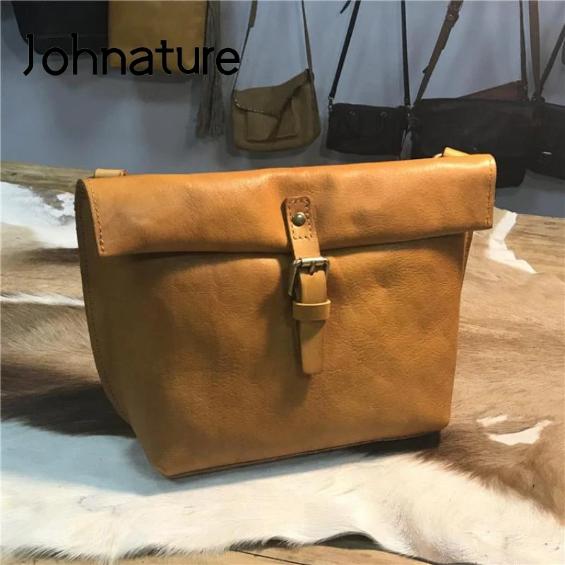 Женская сумка мессенджер из воловьей кожи Johnature простая однотонная маленькая