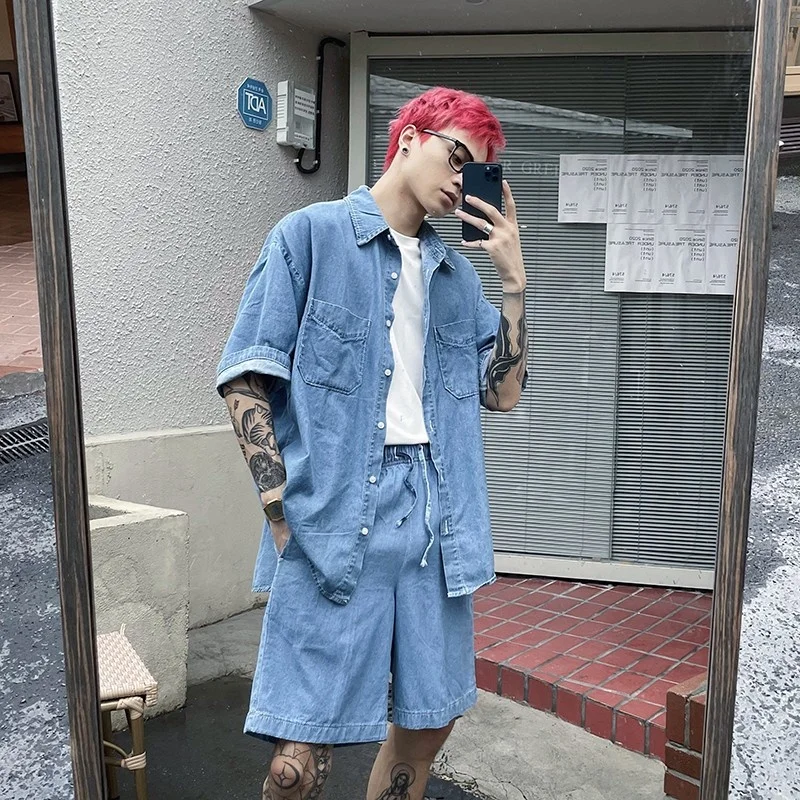 Джинсовый костюм мужской свободного покроя винтажная рубашка из денима с