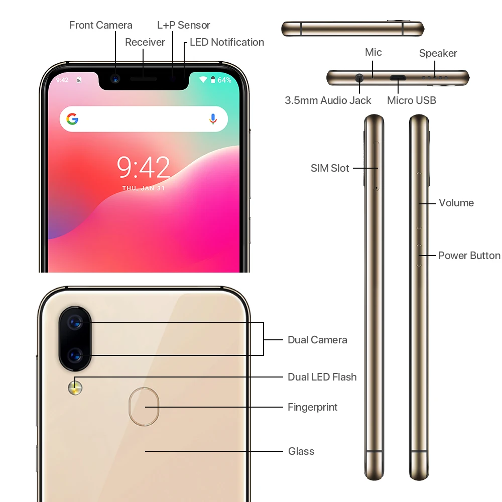 UMIDIGI A3 Pro глобальная полоса Android 9 0 5 7 &quot19:9 полноэкранный мобильный телефон 3 ГБ + 32