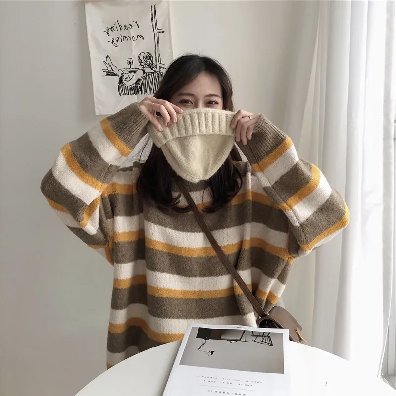 Корейский шикарный винтажный вязаный свитер в полоску с длинными рукавами стиле