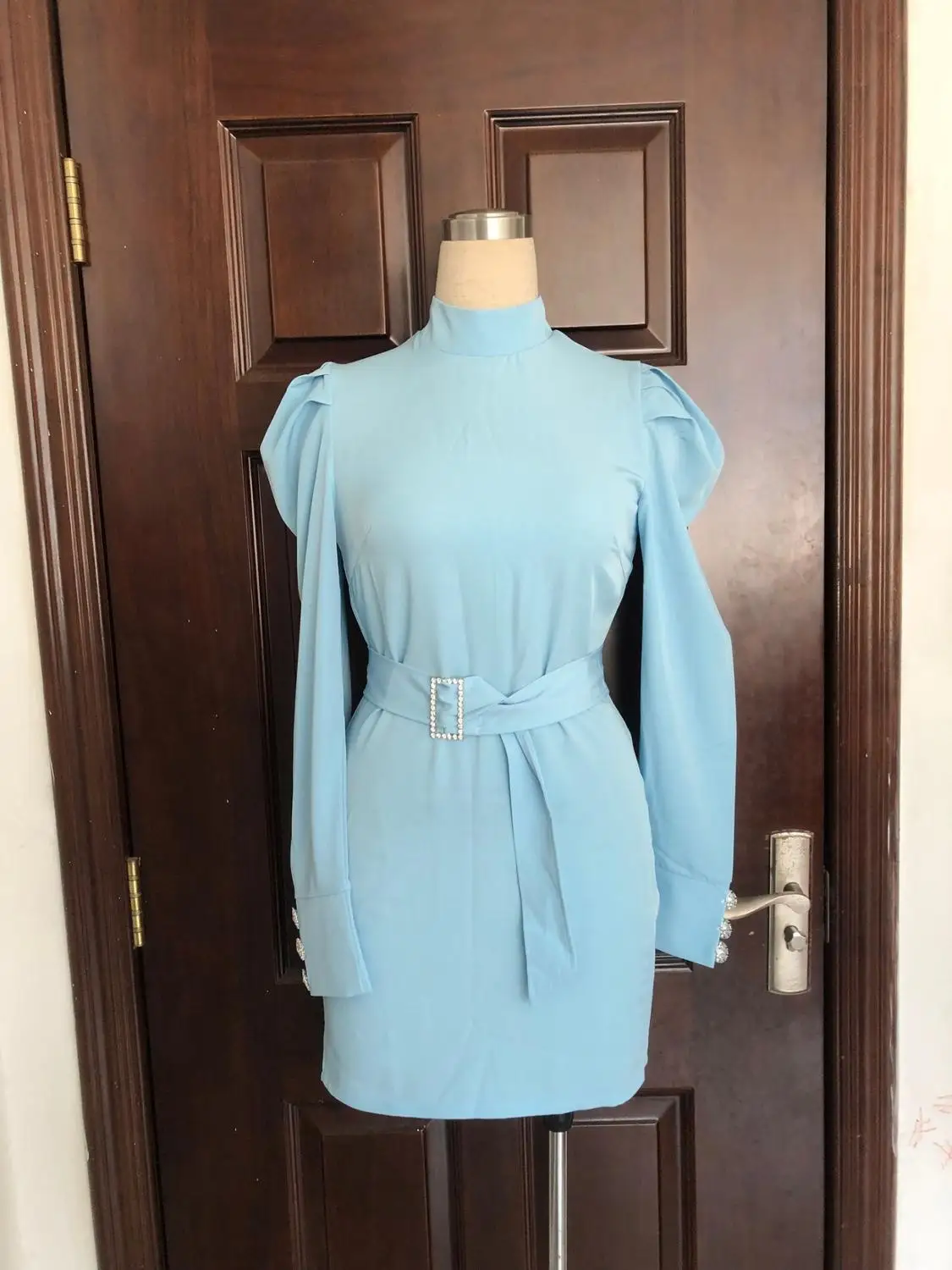 

Spring Autumn office lady season new slim new long-sleeved puff sleeve dress high collar solid color dress with belt
