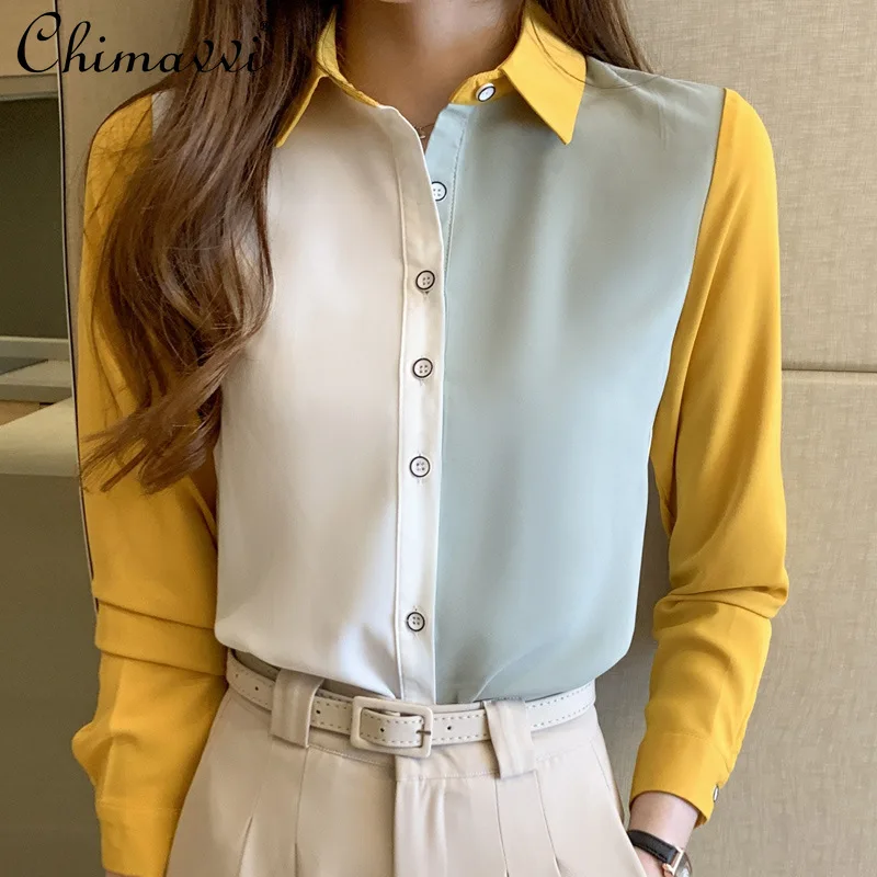 

2021 Autumn Long Sleeve Chiffon Blouses for Women Color Matching Loose Bottoming Top Female Casual Button Up Shirt