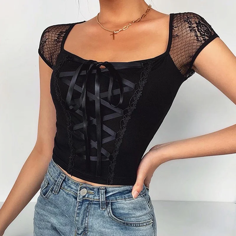 

Fashion Sexy Women Summer Tees Black Bandage Lace Patchwork T-Shirts Transparant Punk Vintage Female Tops 2020