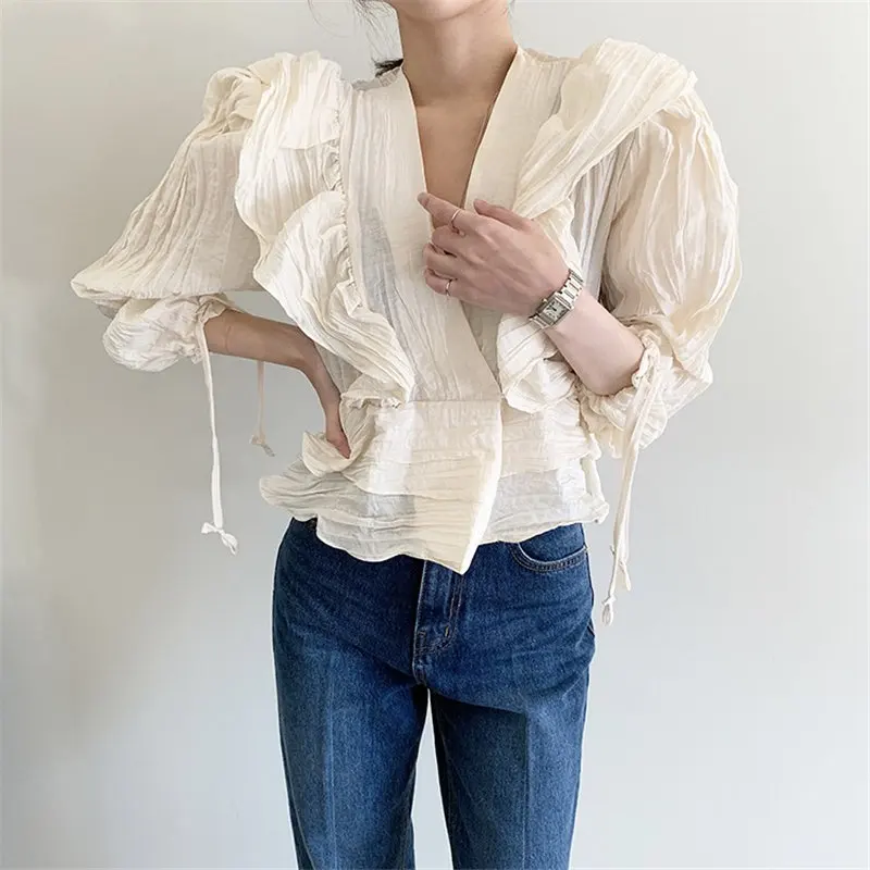 Женские винтажные плиссированные рубашки HziriP универсальные офисные свободные с