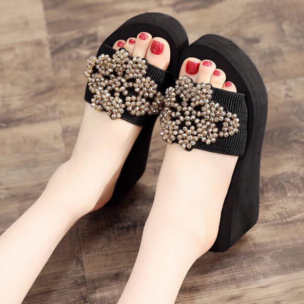 

new women shoes Outdoor Women Slippers Wedges Rhinestone Heel Ladies Beach -Flip Flops sandalias de verano para mujer hy 102