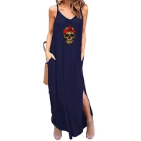 skull sundress womens dresses za 2021 y2k maxi dress sleeveless v neck sling slit loose beach blouse long skirt with pocket