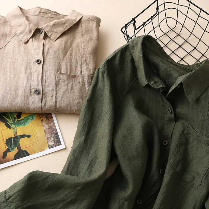 Женская длинная рубашка из 100% льна Повседневная однотонная блузка с длинными