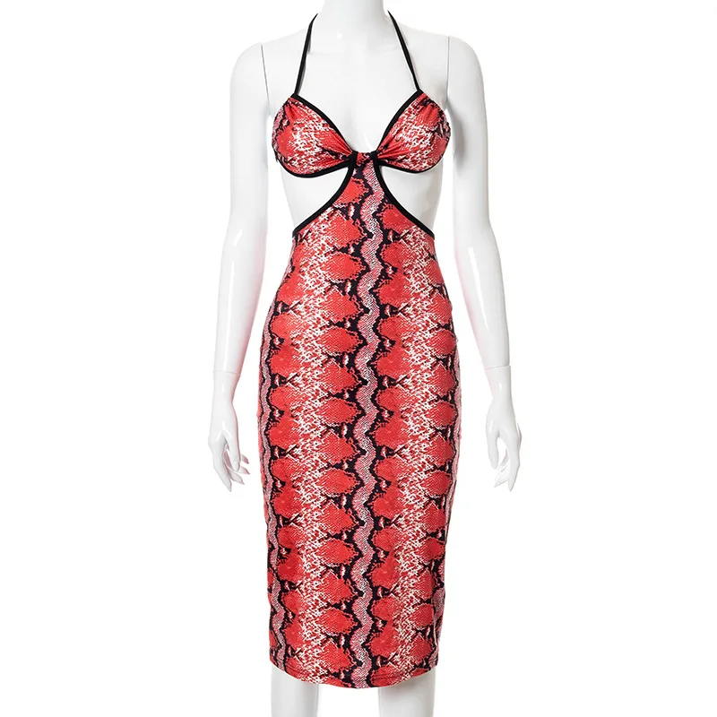 

Summer New Animal Print Halter Tie Bareback Dress 2021 Party Club Slim Sexy Dress Women Red Beach Robe Femme Vestidos Y2k