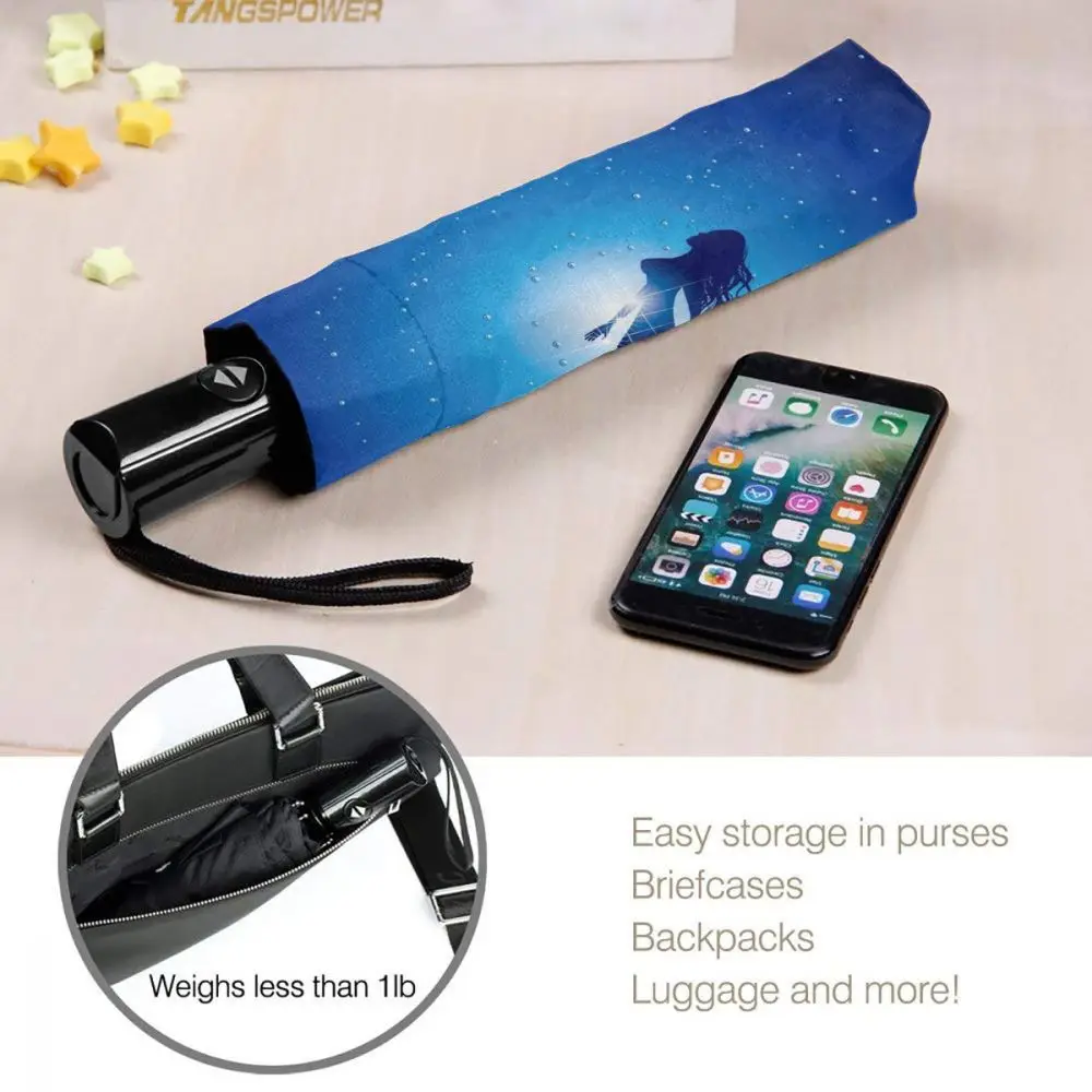 Автоматический зонт от дождя Женский трехскладной синий Ветрозащитный Зонт