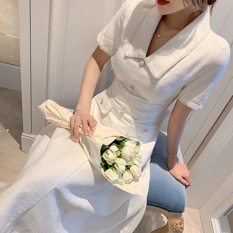 

Plus Size Real Vestido De Festa Woman Dress Retro French 2020 New Slim Doll Collar Short Sleeve Waist Simple Fashion Women