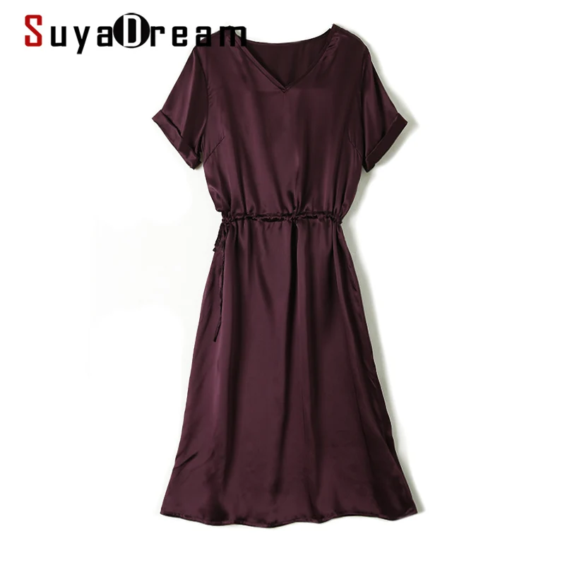 

SuyaDream Woman Silk Dress 100%Silk Satin Solid Short Sleeved A-Line Sashes Midi Dresses 2021 Spring Summer Chic Dresses