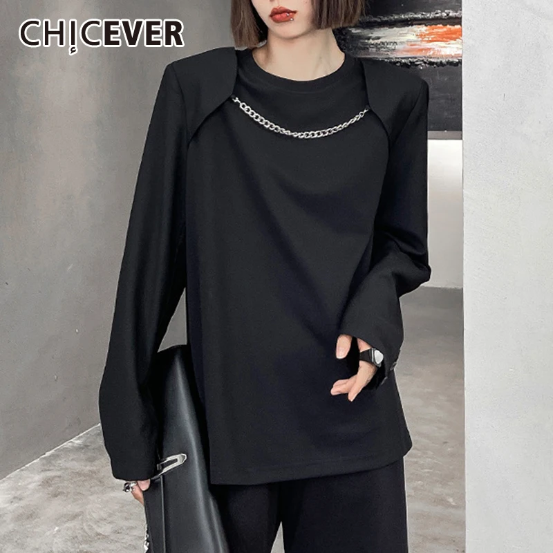 

CHICEVER Patchwork Chain Long Sleeve Tops T Shirts For Women Round Collar Loose Casual Solid T Shirt Female Korean Fashion 2021