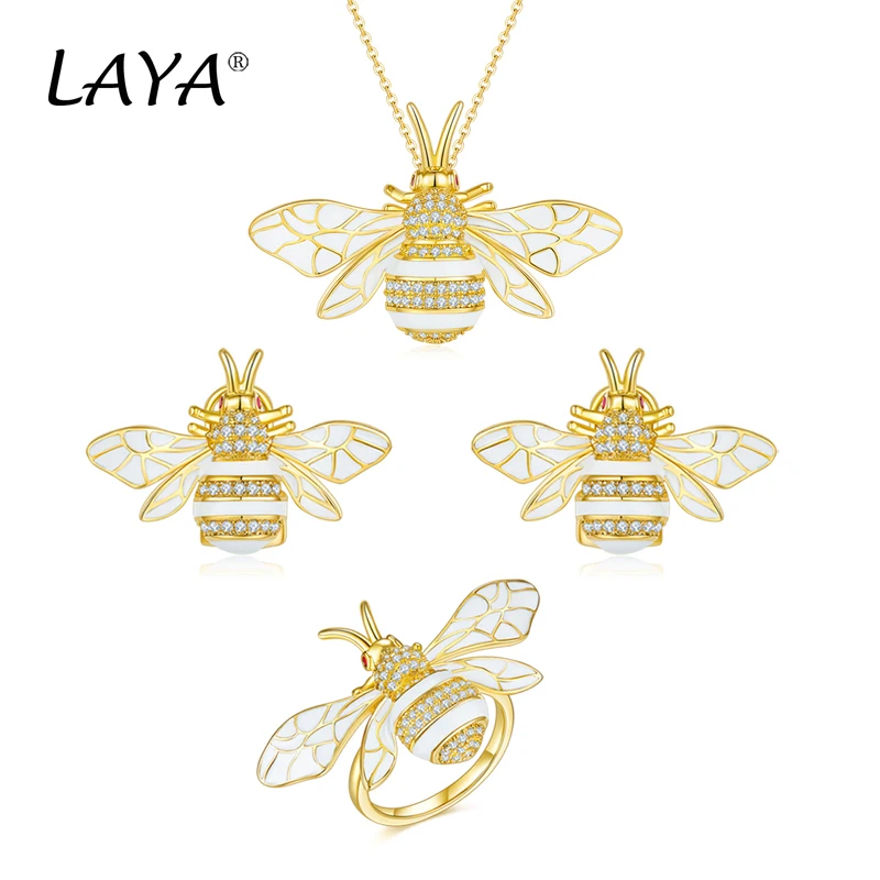 

Laya 925 Sterling Silver Fashion Bee White Enamel High Quality Zirconium Clip Earrings Necklace Ring For Women Exquisite Jewelry