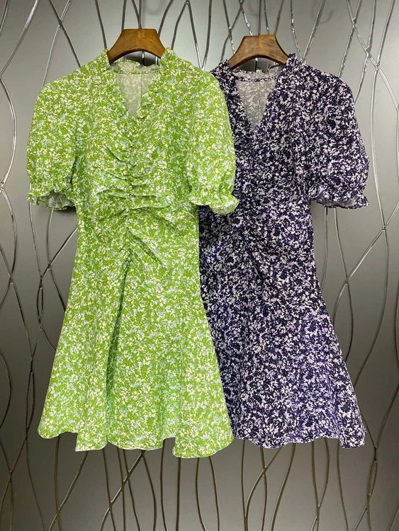 2021 new women fashion V-neck small floral decoration wrinkle twisted short-sleeved A-line skirt dress 428
