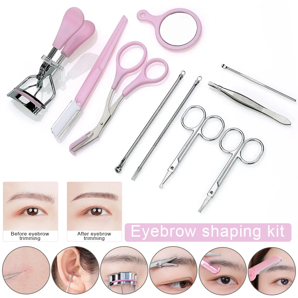 

10pcs Acne Needles Eyebrow Scissors Multifunctional Salon Professional Stainless Steel 10 In 1 Eyelash Curler Kit Home Ear Pick