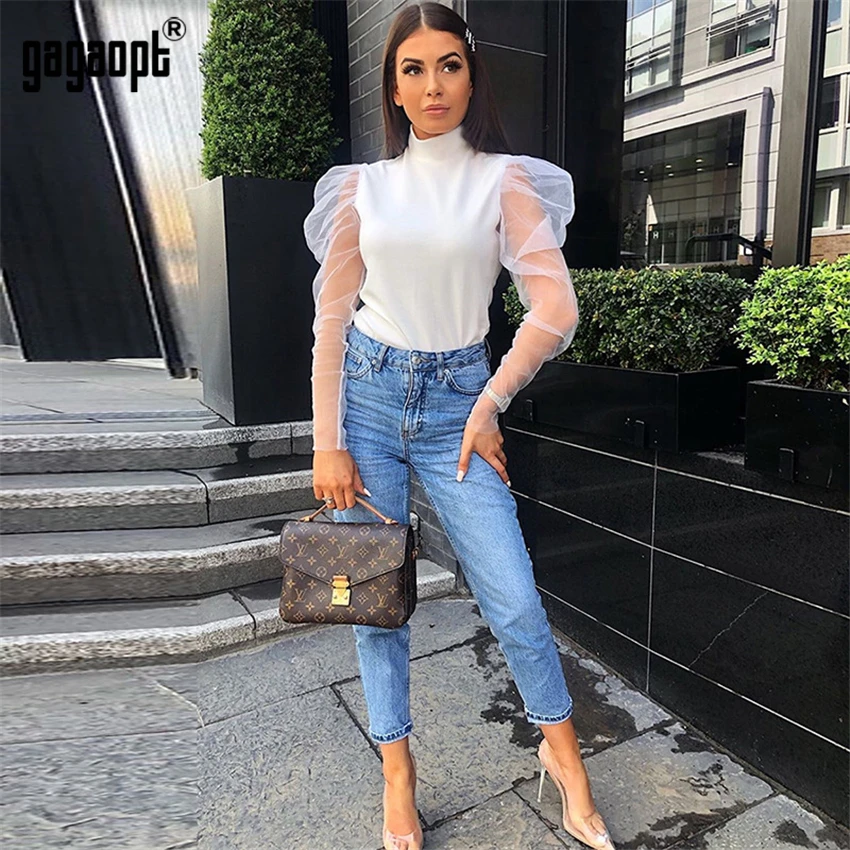 Gagaopt O Neck Mesh Crop Tops Women Autumn Shirts Lady Sexy Perspective Stitching Party Blouse