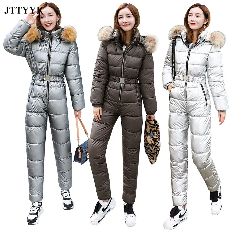 One Piece Outfit Ski Suit Women Jacket Winter Jumpsuit Female Parka Hooded Cotton Bodysuit Zipper Overalls For Woman Tracksuits