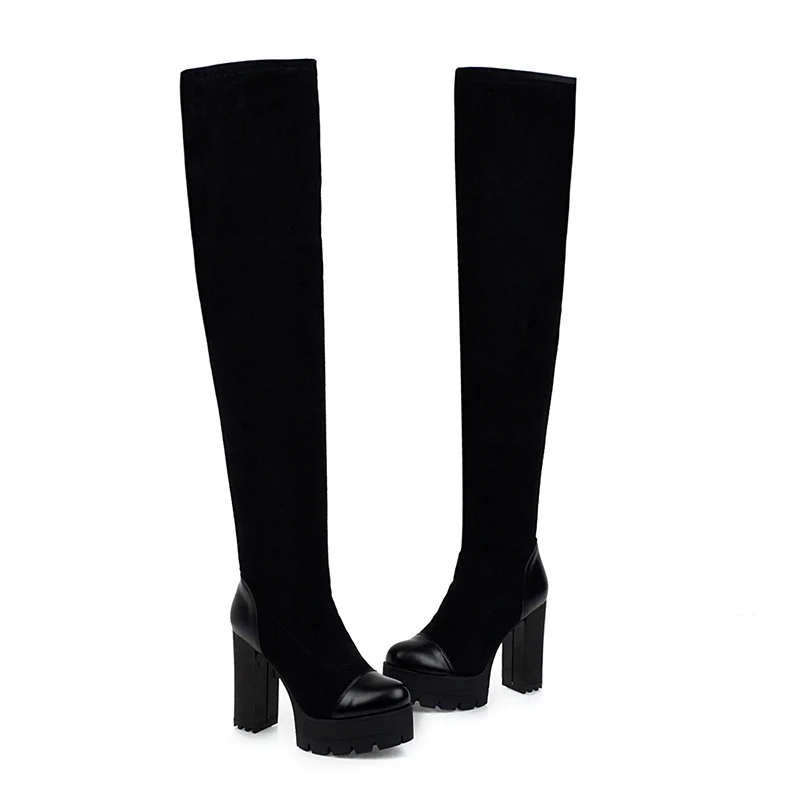 WETKISS Platform High Heels Boots Women Thigh High Boot Female Stitching Shoes Lady Round Toe Stretch Shoes Winter Plus Size 48