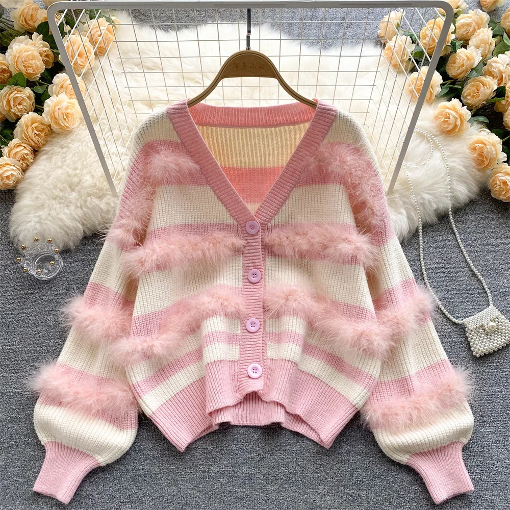 

WomernStriped Contrast Stitching Sweater Women's Knitted Cardigan Jacket D0196