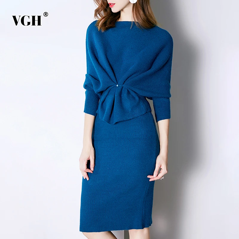 VGH корейский вязаный комплект из двух предметов для женщин с круглым вырезом и